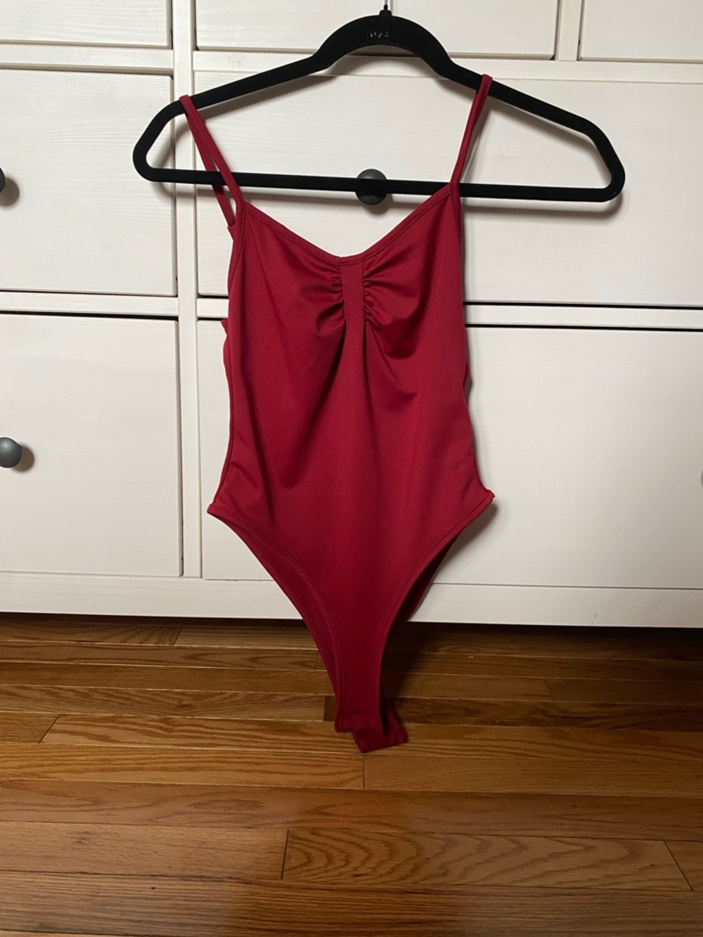 Deep Red Ruched Front One-Piece Bodysuit
